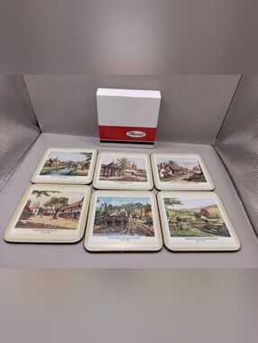 Vintage Pimpernel English Villages Drink Coasters Set 6 Cork Back Boxed England